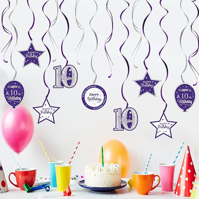 Happy 10th Birthday Purple & Silver Glitter Swirls Streamers Party Decorations - 15 Pcs 10th Birthday Hanging Swirls Streamers Kit,Cheers to Ten Years Old Bday Party Sign.
