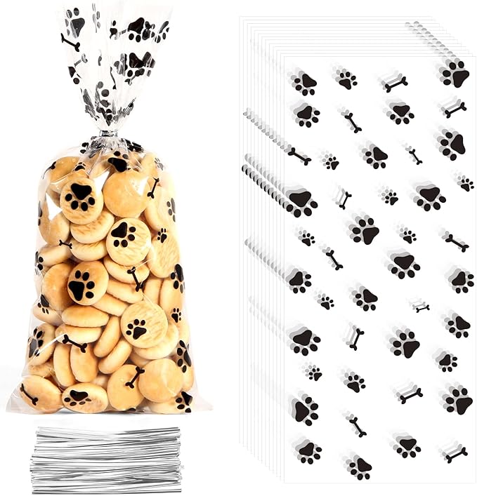 60 PCS Plastic Dog Paw Cellophane Treat bags with Ties Goodie Candy Cookie Goody Gift Bags Pouches Clear Baby Shower Pet Puppy Birthday Party Decorations Favors Supplies Wrapping Stuffers(5x11)
