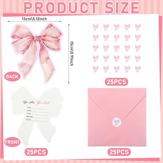 Marspark 25 Set Pink Bow Birthday Invitation Coquette Bow Paper Card with Envelopes and Stickers Wedding Birthday Bachelorette Invitation Party Supplies for Baby Shower Girls Dinner Favors, 5 x 6 Inch