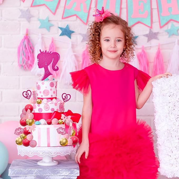 MEMOVAN Hot Pink Girl Cake Topper 31PCS -Princess Makeup Cake Topper Decoration with Pink Gold Ball Glitter High Heel Lipstick Lips Bow Tie for Bachelorette Boho Girl Hot Pink Princess Theme Party