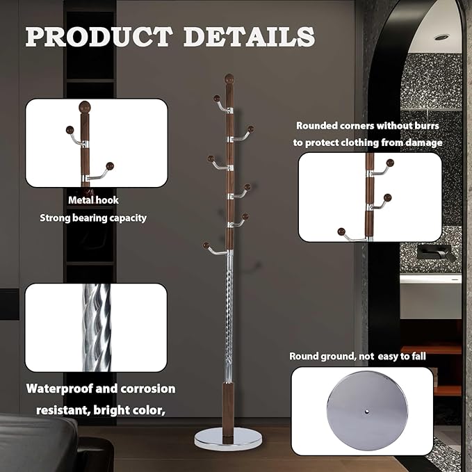 Coat Racks FreeStanding with 11 Hooks, Natural Wood Coat Rack with Solid Round Base, Adjustable Height Coat Racks, Easy Assembly for Hallway, Bedroom and Office (Walnut Metal)