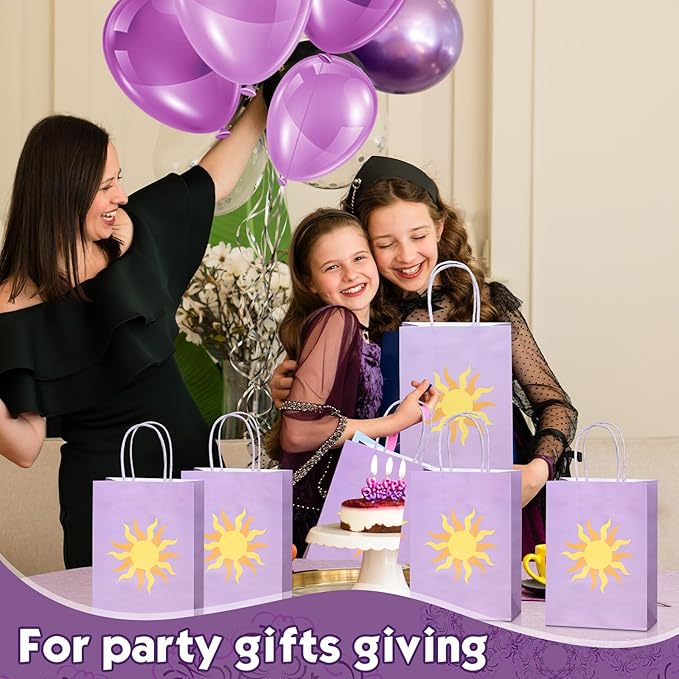 Humyoun 30 Pcs Purple Sun Gift Bags Princess Birthday Party Favors Goodie Candy Treat Paper Bag with Handle Bulk Princess Birthday Wedding Party Supplies Decorations, 8.3 x 5.9 x 3.2 Inch