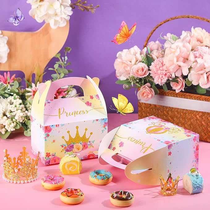Nezyo Princess and Prince Treat Boxes - Pink & Blue Crown Cardboard Goodie Boxes for Birthday Party Favors(24 Pcs,Princess)