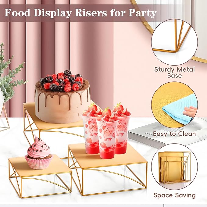 Wenqik 3 Pcs Buffet Riser Set 8" 10" 12" Gold Cake Stand, Metal Display Catering Dessert Table Riser Food Display Stand for Wedding Birthday Party Anniversary Reception