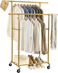FOUCSSOMEI Heavy Duty Clothes Rack, Rolling Clothing Rack, Garment Rack with Wheels, Double Rod, Max 400Lbs, Gold