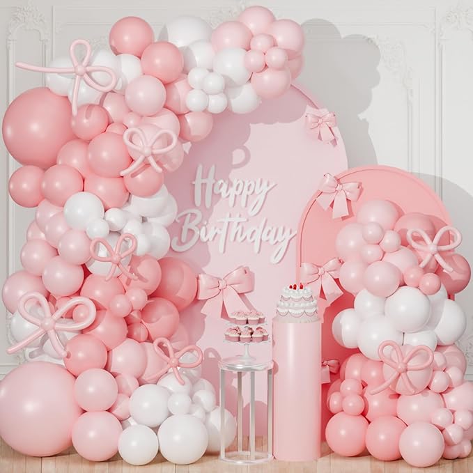 Pink Bow Balloon Arch Kit,130 PCS Coquette Birthday Decorations, Pastel Pink and White Garland Include Light blush Coquette Bow Balloon for Wedding Bridal Baby Shower Girls' Birthday Decoration