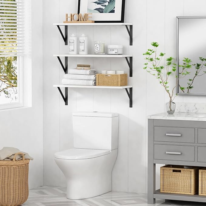 White Floating Shelves 24 inches Long Set of 3, 24 x 8 Inch Bathroom Wall Shelves Over Toilet for Towels, Modern Wood Mounted Storage Shelf for Bedroom Living Laundry Room Kitchen Office Closet