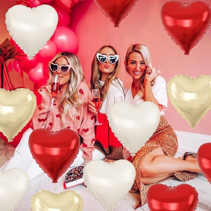Red Gold Heart Balloons Foil, 12Pcs 18 Inch Metallic Red Gold Cream Beige Heart Shape Foil Balloon for Girls Women Birthdays Wedding Baby Shower Valentines Mother's Day Xmas Christmas Party Decor
