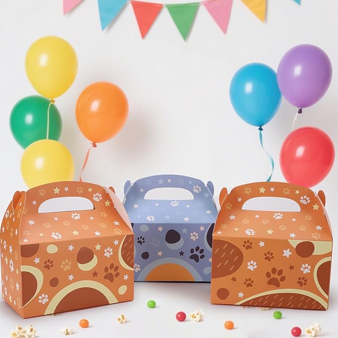 Beehaam 24 Pack Blue Dog Party Favor Treat Boxes, Cartoon Dog Paw Theme Gable Gift Bags, Large Candy Goodie Cake Snack Paper Bags for Happy Birthday Baby Shower Party Decorations Supplies