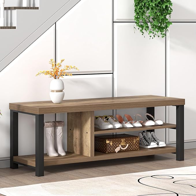 FOLUBAN Shoe Storage Bench, Industrial Entryway Bench, Modern Indoor Wood and Metal Shoe Rack Bench Seat for Bedroom, Hallway, Living Room, Rustic Oak, 47 Inch