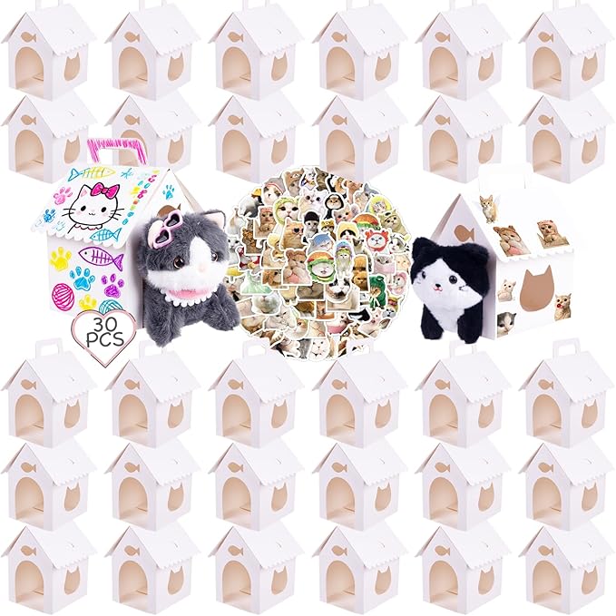 ARELUX 30 Pcs Cat House Shaped Party Favor Boxes, Foldable Pet Adoption Treat Gift Boxes with DIY Stickers - White Blank Goodie Bags for Kitten Birthday, Baby Shower & Cat Themed Events