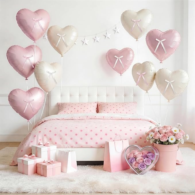 Pink White Heart Balloons with Ribbon Bow, 10 Pcs Baby Pink Cream Heart Shape Foil Balloons, 18In Pastel Nude Light Rosa Helium Balloon with Bow Decor for Girl Baby Shower Women Birthday Bridal Shower