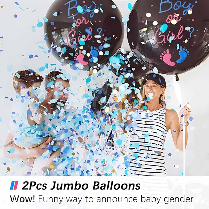Gender Reveal Balloon Pop Ideas, 2pcs 36" Jumbo Black Baby Boy or Girl Balloons, with Blue Pink Confetti for Revelacion de Sexo de Bebe