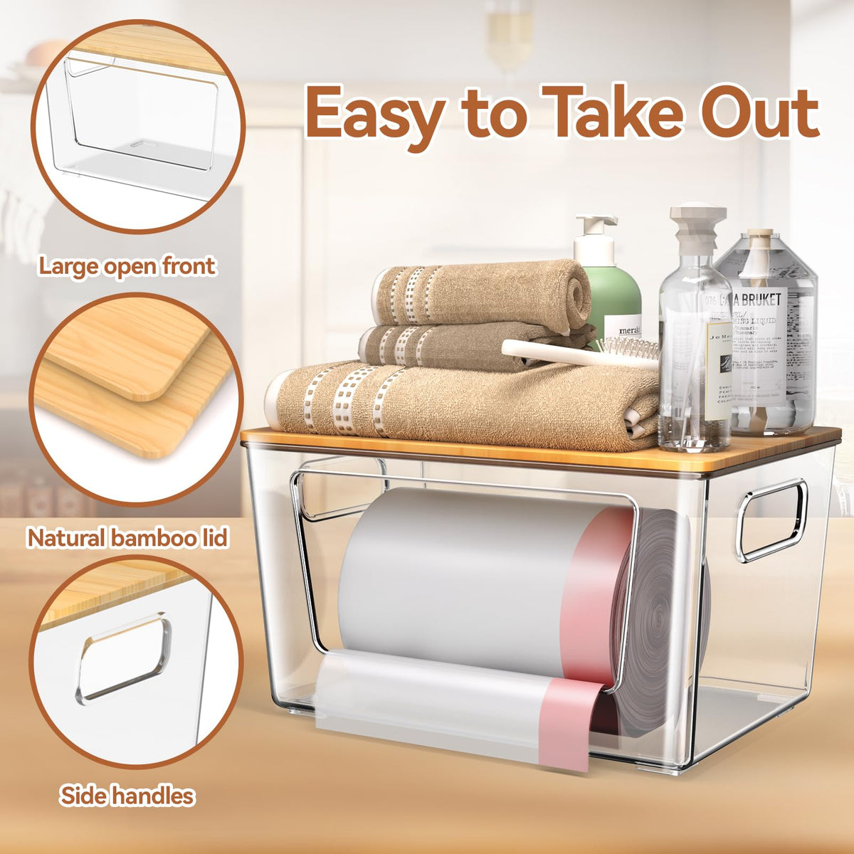 4 Pack Trash Bag Holder with Bamboo Lid Stackable Trashbag Dispenser