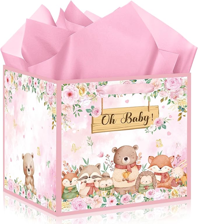 Extra Large Woodland Animal Baby Gift Bags for Girls, Pink Floral Woodland Square Gift Bag with Tissue Papers Jumbo Forest Animal Present Bag for New Baby Girls Gender Reveal Party Favors, 12*12 Inch
