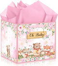 Extra Large Woodland Animal Baby Gift Bags for Girls, Pink Floral Woodland Square Gift Bag with Tissue Papers Jumbo Forest Animal Present Bag for New Baby Girls Gender Reveal Party Favors, 12*12 Inch