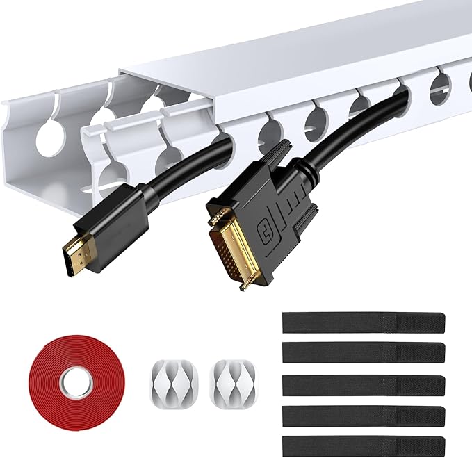 Updated White Cable Raceway Kit, 77 (5x15.5) inch Open Slot Wire Covers for Cords, Cable Management System to Hide Under Desk/TV/Computer/Net/Power Cords(Pack 5)