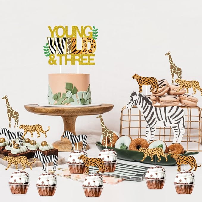 Sursurprise Young Wild & Three Cake Topper Jungle Animals Cupcake Toppers, Safari Jungle Animal Print Happy 3rd Birthday Cake Decor, Third Birthday Party Decorations 25 Pack