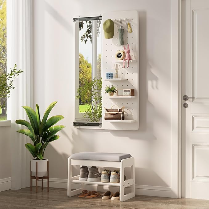 KungFuWood Full Length Mirror with Shelf and Hooks,Entry Way Mirrors for Wall,Wall Mirror with Shelf,Wall Mirror with Storage Multifunctional Design Panel,Living Room