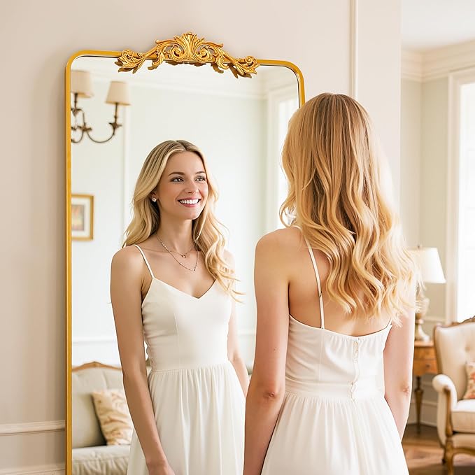 Vintage Full Length Mirror, 71"x32" Floor Mirror with Carved, Full Body Mirrors for Home Decor, Standing/Hanging Large Wall Mirrors for Bedroom/Living Room/Entryway, Gold, Retro Style