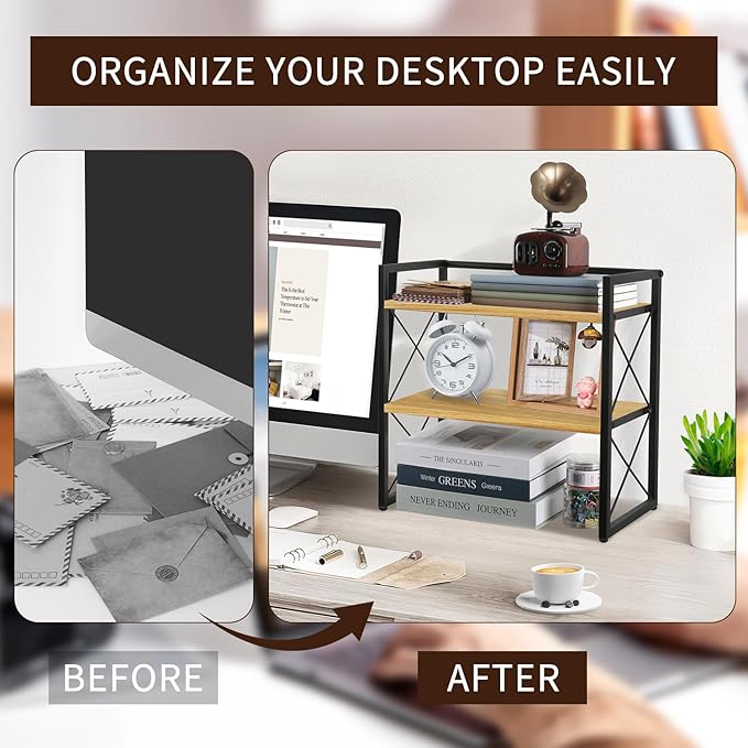 YINMIT Desktop Shelf Organizer, 2 Tier Office Shelves, Wood Desk Organizer Storage Rack and Freestanding Display Shelf for Office, Dormitory, Home (Black Wood)
