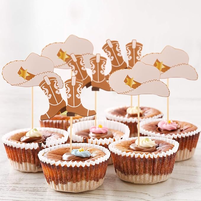 Blulu 60 Pieces Cowboy or Cowgirl Hat and Boot Cupcake Toppers Western Birthday Cake Decorations Rodeo Cupcake Picks Baby Shower Toothpicks for Western Theme Party Favors Supplies (Light Brown)