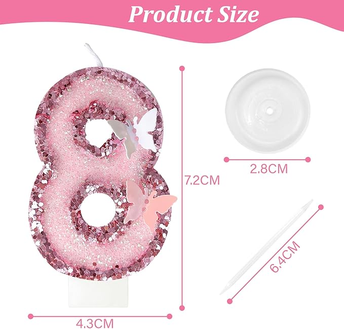 8th Birthday Candles，Glitter Butterfly Cake Toppers Pink Sequins Wedding Numeral Cupcake Decorations，Suitable for Girl and boy Wedding Cakes, Party Celebrations, Birthday Decorations