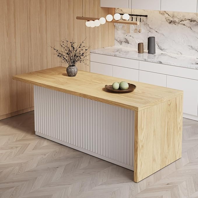 homary Kitchen Island with Storage & Wine Rack, 72" Modern Natural Kitchen Cabinet with Wood Top, Large Fixed Island with 3 Drawers & 6 Adjustable Shelves, Without Bar Stools