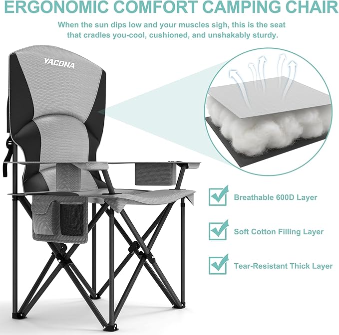 Oversized Camping Chairs 2 Pack - 500lbs Support Folding Camping Chair for Adults w/Padded Back & Arm Sport Chairs, Cup Holder Cooler Bag, Heavy Duty Portable Lawn Chairs for Sports Garden Beach