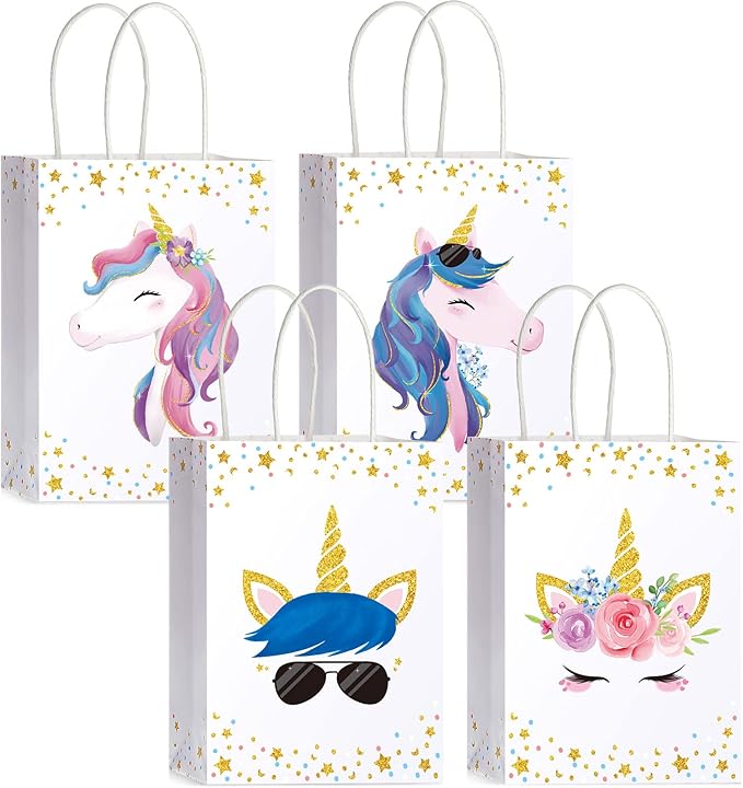 Crtiin 24 Pcs Unicorn Party Favor Bags for Birthday Party Supplies, Unicorn Gift Bag Goody Treat Candy Bags for Valentines Day Baby Shower Birthday Carnival Festivals Decorations