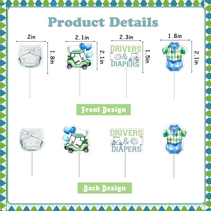 Cheereveal 24pcs Golf Baby Shower Party Cupcake Toppers, Drivers & Diapers Cake Decorations for Boys Green and Blue, Golf Sports Themed Gender Reveal Birthday Party Supplies
