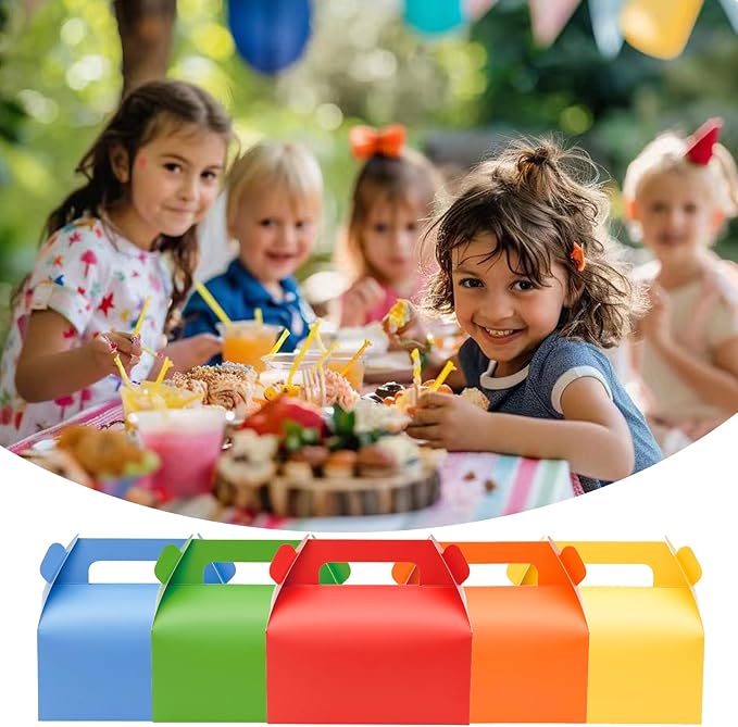 UnicoPak 30 Pack Party Favor Bag Boxes, Gable Gift Boxes with Handles for Candies Treats Goodies Cookies Happy Meals, Ideal for Theme Birthday Party, Classroom Events, Valentine's Day, 6.5x3.5x3.5 Inches