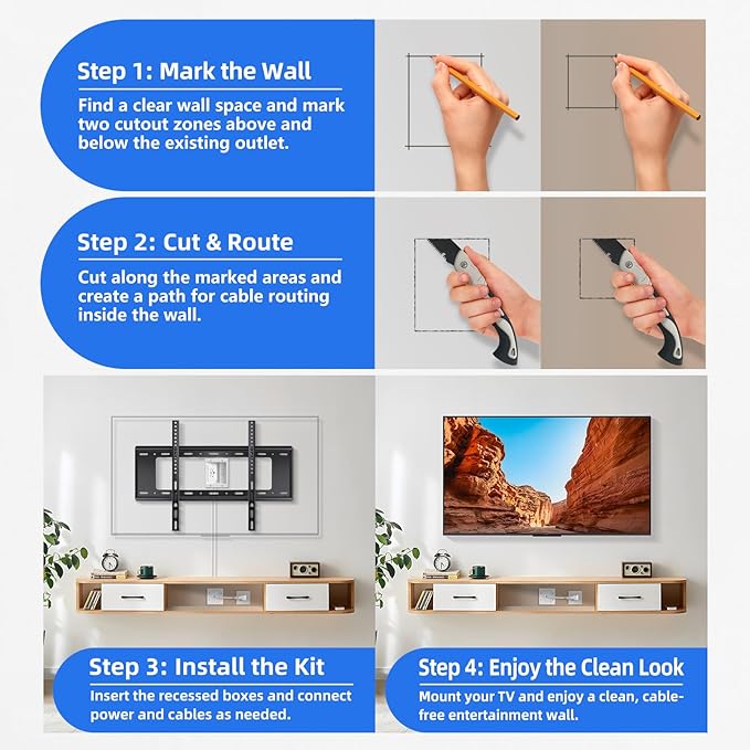 in-Wall TV Cable Management Kit with Power, Dual Outlets, USB-A & USB-C Ports, 9ft/109in Cord, Includes Wall Cutting Tools, Hide TV Wires for Clean Home Theater Setup