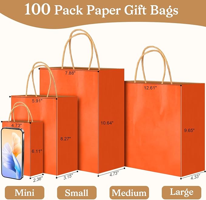 100 PCS Small Gift Bags with Handles, 5.91"x3.15"x8.27" Party Favor Bags, 12 Colored Goodie Bags for Birthday Party, Kraft Paper Gift Bags Bulk for Wedding, Baby Shower, Celebrations, Party Supplies