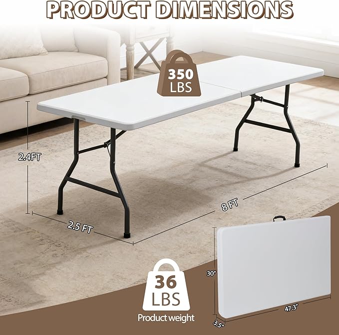 ZENY 8ft Portable Folding Table Plastic Indoor Outdoor Picnic Party Camp Dining Table with Handle, White