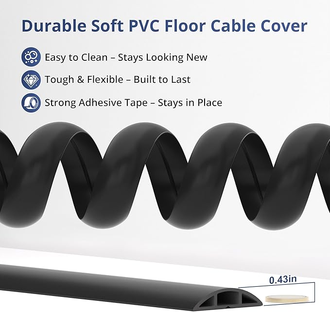 ZhiYo 5.6ft Cord Covers for Wires on Floor, Cord Hider Floor Hide Extension Cords, Soft PVC Cable Cover Cable Protector, Wire Cavity W0.62in H0.31in, Black