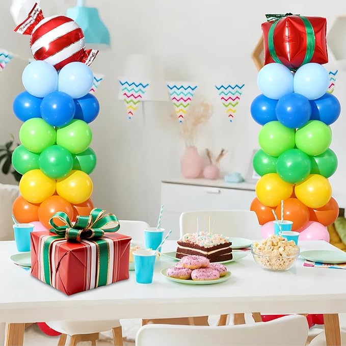 Rainbow Candy land Balloon Column Stand Kit Set of 2, 7 Feet Height Balloon Towers Set of 2 with Candy Gift Box Foil Balloons for Sweet Baby Shower Christmas Candyland Party Decorations