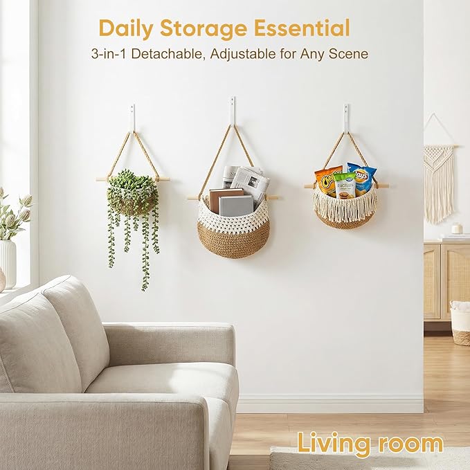 Boho Style Handwoven Rope Hanging Basket - 3-Tier Detachable Storage Organizer for Kitchen/Bathroom/Entryway, 3 Included Heavy-Duty Hooks, 7 Color Options Available (Blue)