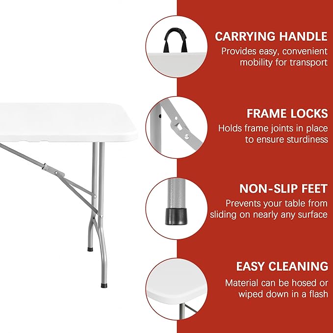 Elevon 6FT Folding Tables – Heavy Duty Portable Foldable Table with Built-in Handle, 300 lb Capacity – Ideal for Events, Parties, Crafts, Camping & Dining (8-Pack)