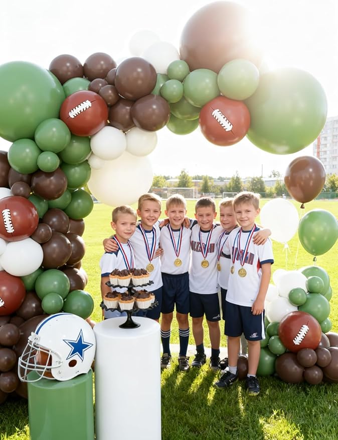 Football Balloon Garland Arch Kit, 132Pcs Green and Brown Balloons Football Printed Balloons Sage Green White Latex Balloon for Touch Down Rugby Birthday Sports Theme Party Decorations