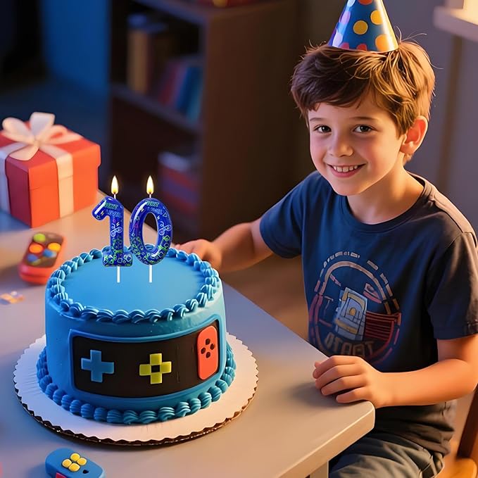 Number 10 Birthday Candle for Cake – Blue Gaming Theme Number Candle with “Next Level” Design, Video Game Style Cake Topper for Anniversary & Celebration