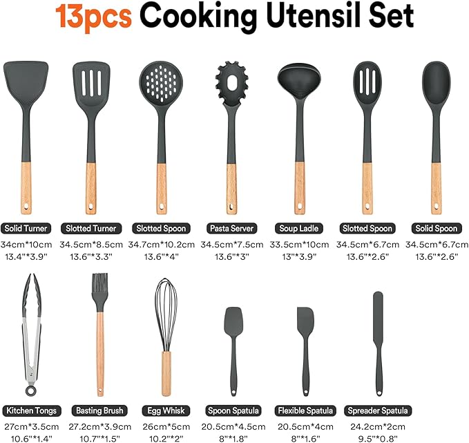 Kitchen Utensils Set, 13PCS Silicone Cooking Utensils, Heat Resistant Kitchen Utensil Spatula Set for Nonstick Cookware, Wooden Handles Kitchen Gadgets Tools Set