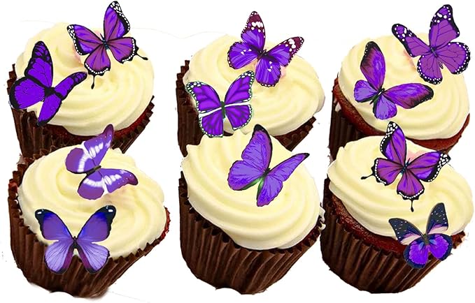 Edible Purple Butterfly 56x Cake Cupcake Topper Edible Wafer Paper Butterflies Idea Decoration Wedding Party Birthday Baby Shower (White 56pcs) (Purple 48pcs)