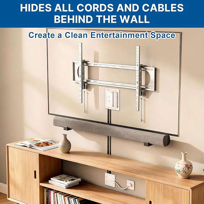 in Wall Cable Management Kit with 9.8ft Power Extension Cord, TV Cord Hider for Wall Mounted TVs, Recessed Cable Concealer with Brush Wall Plate, 15A/125V Dual Receptacle and Drywall Saw