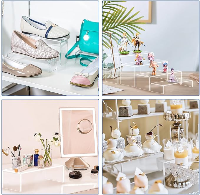 Aheroi Large Acrylic Risers, 10 Pcs 2 Set(7”L~8”L~9”L) Riser Display Shelf, Clear Rectangular Display Stands Set, Transparent Shelves for Decor, Showcase Holder for Cupcake