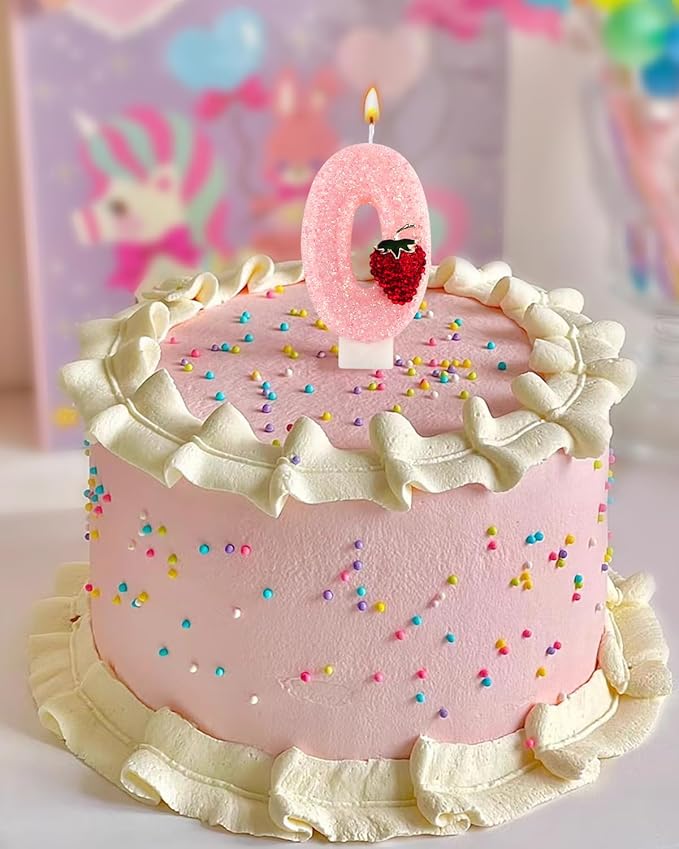 Birthday Candles for Cake, Pink Number Candles, Cake Candles with Greeting Card for Birthday Party Wedding Anniversary Celebrations (Strawberry 0 Candle)