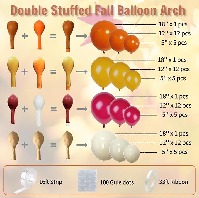 Fall Balloon Arch Kit – Double Stuffed Orange, Yellow, Red, Ivory White Boho Balloons Garland for Fall Decorations, Thanksgiving, Autumn Harvest Party, Pumpkin Birthday, Wedding, Baby Shower Backdrop