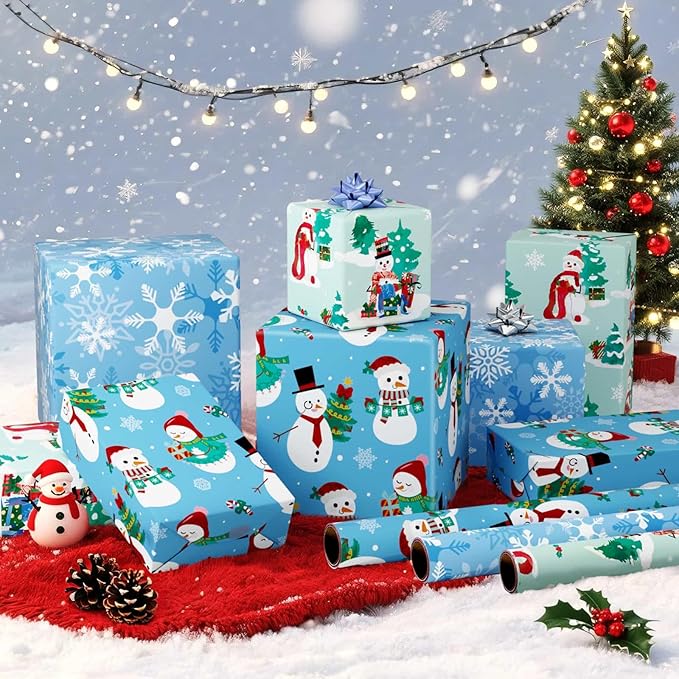 WERNNSAI Christmas Wrapping Paper - 3 Rolls 17” x 120” Snowman Wrap Papers Snowflake Blue Gift Wrapping Paper for Christmas Winter Holiday Party New Year Celebration Decoration Blue Green