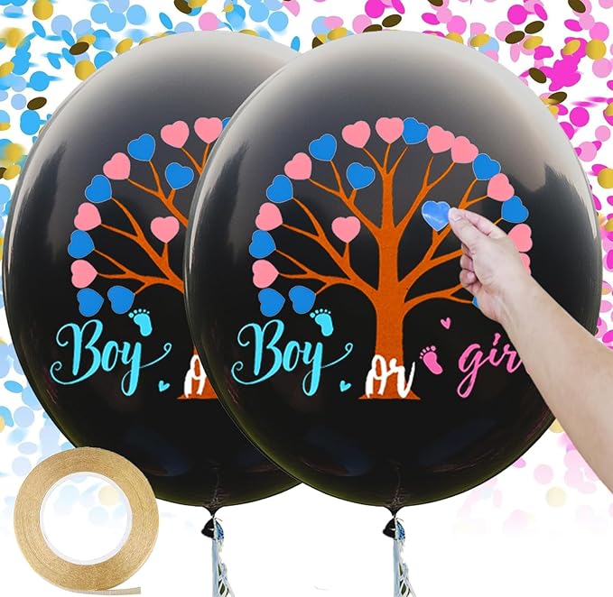 Gender Reveal Heart Sticker Tree Balloons, Black Baby Boy or Baby Girl Balloons, with Pink and Blue Heart Stickers and Confetti for Gender Reveal & Baby Shower