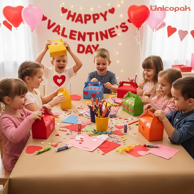 UnicoPak 30 Pack Party Favor Bag Boxes, Gable Gift Boxes with Handles for Candies Treats Goodies Cookies Happy Meals, Ideal for Theme Birthday Party, Classroom Events, Valentine's Day, 6.5x3.5x3.5 Inches